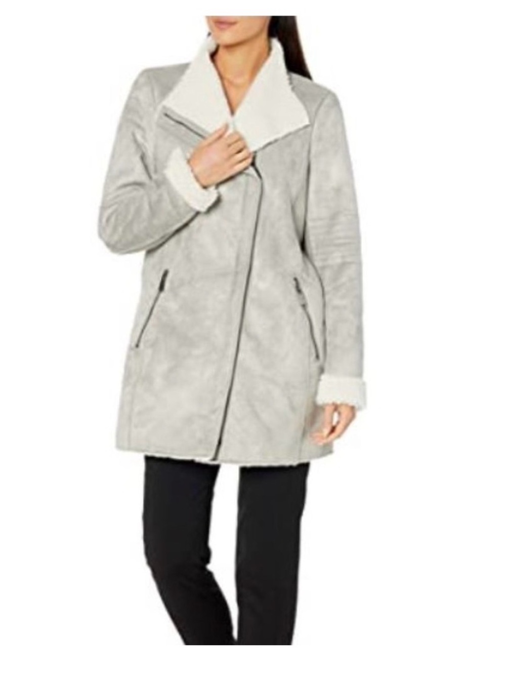 Calvin Klein Gray Faux Suede Shearling Moto Jacket Coat XS Asymmetric Zip